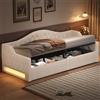 Wyibwy Divano letto imbottito 90x200 con cintura LED, letto singolo con contenitore, rivestimento in lino, beige