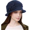 Sumolux Berretto da donna Cappello francese vintage floreale in lana cloche classico cappello invernale anni '20, D Blu Navy, L