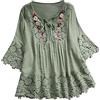 Generic Camicette da donna in lino con lacci, stile bohémien, con maniche a 3/4, motivo floreale, ricamata, estiva, indiana, con volant, per donne anziane, graziose, in garza, stile bohémien, per feste,