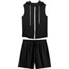 Generisch Tuta da jogging da uomo, senza maniche, canotta e pantaloncini, set con cerniera, maglietta a maniche corte, con cappuccio, tinta unita, pantaloni da jogging con tasca, Nero , XL