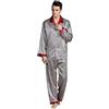 Generisch Pigiama da uomo in raso, set da casa da uomo, 2 pezzi, morbido, pigiama a quadri, camicia da notte stampata con risvolto e pantaloni, comodo, vintage, pigiameria leggera, grigio., XL