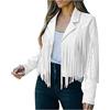 Generic Giacca in pelle scamosciata per donna corta da donna, con frange, elegante e da montagna, a maniche lunghe, leggera, estiva, corta, in pelle scamosciata, con frange, giacca da motociclista, bianco, XL