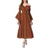 Duohropke Abito medievale da donna rinascimentale maxi abito senza spalle scoperte in pizzo con maniche a tromba, gonna lunga a linee, abito a tunica, abito lungo da sera per Halloween, marrone, M