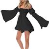 DUHGBNE Zeppa Abito Estivo in Chiffon da Donna Abito Sexy con Maniche Svasate con Spalle Scoperte Corsetto con Lacci Mini Abito Fluido Casual Solido Vestito Casual Maniche Lunghe