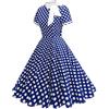 Generic Abiti vintage da donna anni 1940, abito midi plissettato in stile Audrey Hepburn, abito retrò con stampa a pois, abito estivo a fiora con collo a O, manica corta con cintura, abito da festa, da