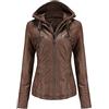 Valin C6699N - Giacca da donna in pelle sottile, con cappuccio, con cerniera, per la primavera e l'autunno, marrone scuro., 3XL