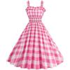 Generic Abito lungo vintage a quadri a quadretti rosa con spalline in spaghetti, abito a trapezio retrò per festa di compleanno, davanti arricciato, abiti estivi da donna, X-rosa, XXL