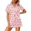 Ekouaer Pigiama da donna in raso di seta, set da 2 pezzi, con bottoni, maniche corte e pantaloncini, set da salotto, Rosa con ghepardo, Small
