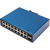 DIGITUS Switch di rete - 18 porte Gigabit Ethernet - 16x RJ45 + 2x porta SFP - Non gestito - 10/100/1000 Mbit/s - Montaggio su guida DIN e a parete - IP40 - Serie industriale - Blu