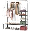 COSTWAY Stand Appendiabiti a Doppia Asta, con Barre Regolabili Ripiani per Riporre Ruote Bloccabili e Scarpiera, Appendiabiti in Acciaio, 135x54x167 cm, Carico 100kg (Nero+Argento)