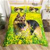 Loussiesd Set di biancheria da letto con motivo floreale, giallo, per bambini, ragazzi, ragazze, grafica a stampa con cane pastore tedesco, copripiumino con 1 federa, 2 pezzi, per letto singolo