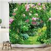 Bovlleetd Giardino Tenda da Doccia 180x200cm Paesaggio Estivo Pianta Verde Fiori Rosa Design Floreale Tendaggio, Impermeabile Lavabile in Poliestere Tende da Bagno con 12 Ganci per Vasca da Bagno