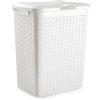 Acan Tradineur - Cesto in rattan per biancheria sporca con coperchio e manici, contenitore in plastica, cubo per la biancheria, imitazione di vimini, prodotto in Spagna (Bianco - 38 litri - 49 x 38,5
