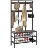 Dripex Appendiabiti con Panca Scarpiera, Appendiabiti da Terra con 12 Ganci rimovibile e Ripiani, Attaccapanni in Legno e Metallo, 100x40x182cm, Marrone Vintage e Nero