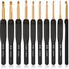 Coopay Set di uncinetti neri e oro per mani artritiche, 2,0-6,0 mm, ergonomici con impugnatura morbida, per lavori a maglia, in alluminio, kit per maglieria