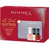 Rimmel London Kit Regalo Donna All That Glitters Collection, Pochette Small Glitterata con Smalto Nail Care Stronger Nail, Smalto 60Seconds 315 Queen of Tarts e Smalto 60Seconds 730 Silver Bullet