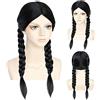 Miotlsy Mercoledì Addams Parrucca Per Bambini, Parrucche Doppie Intrecciate Nere Lunghe 50cm Per Donne Ragazze, Film La Capelli della Famiglia Addams
