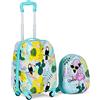 GYMAX Set di Valigia per Bambini, Trolley Bagaglio di 2 Pezzi a Mano Cavalcabile con Cinghia e Tracolla, Valigia Rigida con Ruote e Zaino, Regalo per Bambino e Bambina (12+16, Fenicottero)