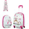 SOARS Set di Valigia 16'' + Zaino 12'' per Bambini 2 Pezzi, Bagagli 2-in-1 con Zainetto da Viaggio Aereo, Trolley con Maniglia Telescopica e 4 Ruote a 360° (Rosa Gufo-S)