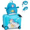 COSTWAY Valigia Cavalcabile per Bambini, 18 Valigia+ 12 Zaino,2 Pezzi, Trolley Bambini Bagaglio a Mano con Ruote Girevoli e Maniglia Retrattile, 2 Cingie Multiuso (Modello 2)