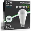Eurocali 8x Lampadine LED E27 20W Opaca (2452 lumen pari a 150W) Forma: Goccia A80 Luce Bianco Freddo 6500K Fascio Luminoso 310