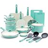 GreenLife Set di 23 pentole e padelle da cucina con impugnatura morbida, in ceramica sana antiaderente, senza PFAS e PFOA, lavabile in lavastoviglie e forno, riscaldamento uniforme, facile da pulire,
