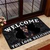 Bioputty You Look Delicious Welcome, zerbino con cane Dobermann, tappetino per ingresso, in gomma, con retro antiscivolo, assorbente, resistente allo sporco, per interni ed esterni, decorazione per la