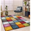 the carpet Monde Deluxe - Tappeto da soggiorno Hand Carved a pelo corto, colore: blu, rosso, marrone, verde, grigio, motivo quadrato, 120 x 170 cm