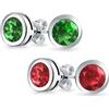 Bling Jewelry Set di due piccoli orecchini a bottone solitari minimalisti con rubino rosso e smeraldo verde AAA CZ rotondi incastonati a castone in argento .925 Sterling Silver 6MM