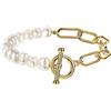 YorzAhar Braccialetto a 2 catene, con perle, per donna, con clip, placcato oro 18 carati, mezza perla e mezza maglia, Ottone, Zirconia cubica