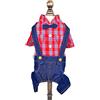 SMALLLEE_LUCKY_STORE Vestiti per cani e gatti di piccola taglia in denim, con papillon a quadretti, camicia, jeans, pantaloni per cucciolo, tuta unica, colore rosso L