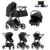 Kakbgee Passeggino 3 in 1 con Seggiolino Auto, Carrozzina Piegevole, 7-Altezza Regolabile, Sospensione 4 Ruote, Copripioggia e Zanzariera, Baby Stroller per Neonati 0-3 Anni (15kg), Nero