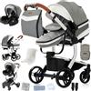 Doraystar Pelle PU Passeggino 3 in 1, Passeggino Trio con Due Modalità di Spinta Reversibile, Passeggino Neonati con Design Pieghevole in Un Clic, Trio Neonato Grande Nacelle Comoda (B518 Grey)