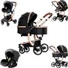 Nine point nine Pelle PU Trio Passeggino Neonati, Passeggino 3 in 1 con Doppia Modalità Spinta Reversibile, Carrozzina per Neonati con Grande Nacelle, Passeggino Trio Telaio in Alluminio (518 Black)