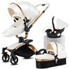 Dziranam Passeggino 3in1 in pelle PU rotabile 360° con modalità culla | Pieghevole con un clic & Convertibilità da neonato a toddler(Bianco)