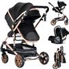 Nine point nine Trio Passeggino Neonati, Passeggino 3 in 1 con Doppia Modalità Spinta Reversibile, Carrozzina per Neonati con Grande Nacelle, Passeggino Trio con Telaio in Alluminio (739 Black Gold)