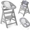 hauck Seggiolone Pappa Alpha Plus Set Newborn - Sediolone Pappa Bimbi In Legno, Evolutivo con Sdraietta Neonati Dondolo 2in1 e Cuscino - Grigio