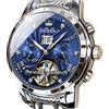 OLEVS Orologio automatico da uomo, con 5 lancette, meccanico, classico, di lusso, multi calendario, in acciaio inox, impermeabile, orologio da polso per uomo, argento e blu, Meccanico, a carica