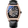 DAXIAOYU Classico Quadrante Intagliato Mens Automatico Meccanico Orologio Impermeabile Fase Lunare Hollow Tourbillon Orologi Lusso Tonneau Cinturino in Pelle Uomo d'affari Orologio da polso, nero,