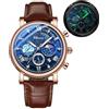 FANMIS Orologio analogico classico, multifunzione, militare, sportivo, da uomo, impermeabile, con cronografo luminoso, cielo stellato, fase lunare, in pelle