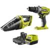 Ryobi OnePlus - Trapano a impatto 18 V, aspirapolvere a mano 18 V, One Plus, 1 batteria al litio Plus 1,3 Ah, 1 caricatore rapido - R18PDHV-213G