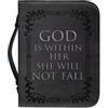 Psaytomey Custodia per Bibbia per uomo e donna, in pelle PU, con manico e tasche, adatta per studio all'aperto, con scritta in lingua inglese God is Within Her She Will Not Fall, colore nero