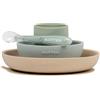 Nattou Stoviglie in silicone per bambini, 4 Pezzi, 1 Cucchiaio, 1 Tazza, 1 Piatto piano, 1 Piatto fondo, Antiscivolo, Senza BPA, Silicone, Verde/Beige