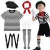 Bryndo Set di 6 costumi da mimo francese per bambini, costume da artista mimo, pantomima, jolly francese, kit con berretto nero, t-shirt, bretelle, sciarpa rossa, calzini a righe, guanti per feste di