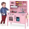 COSTWAY Cucina Giocattolo per Bambini in Legno, Cucina per Bambini con Microonde, Cappa Aspirante, Forno, Macchina del Ghiaccio, Lavello e Rubinetto, Manopole con Suoni, per 3-6 Anni (Rosa)