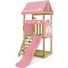 Wickey Parco giochi DinkyHouse senza estensione dell'altalena - con scivolo & telone rosa pastello - Torre di arrampicata per bambini per il giardino in legno massiccio - 219x114x247 cm