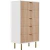 TIMORWTF Cassettiera con 5 cassetti bianca, 60 cm, mobile portaoggetti moderno, cassettiera per camera da letto, con maniglie e gambe dorate, 60 x 34 x 109 cm, per camera da letto, corridoio