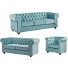 Vente-unique - Divano 3 posti+ Divano 2 posti + Poltrona Chesterfield - velluto - azzurro cielo