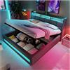 Wyibwy Letto matrimoniale imbottito, 160x200 cm, con 2 porte USB e illuminazione a LED, struttura del letto con funzione di contenitore idraulico, rivestimento in lino, Grigio (senza materasso)