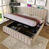 Wyibwy Letto imbottito 180 x 200 cm,Letto contenitore idraulico con Funzione di ricarica USB Type-C,lino materiale letto matrimoniale,testata imbottita con finiture dorate,senza materasso,beige